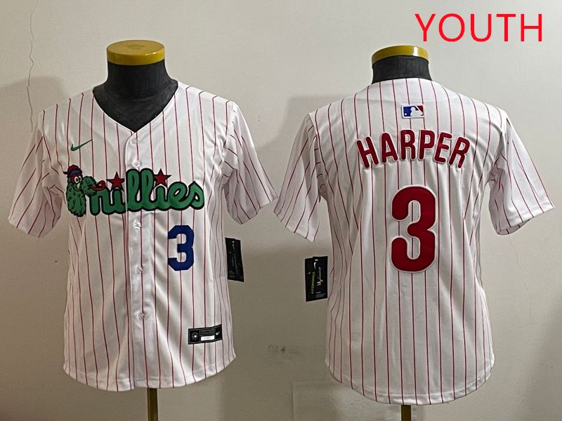 Youth Philadelphia Phillies #3 Harper White three generations Joint Name Nike 2025 MLB Jersey style 3
